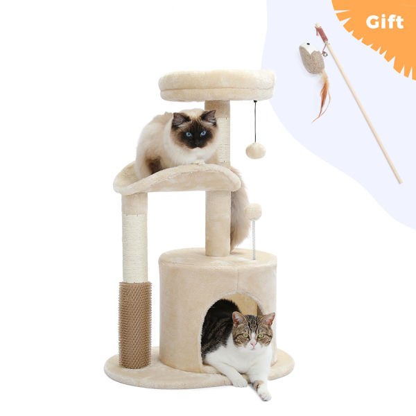 适合室内猫的小型猫树，带互动猫玩具的中型猫塔，带自理美容刷的 32.7 英寸猫公寓，天然猫抓板，适合中小型猫的悬挂球，米色（周末无法发货，请谨慎下单）-1