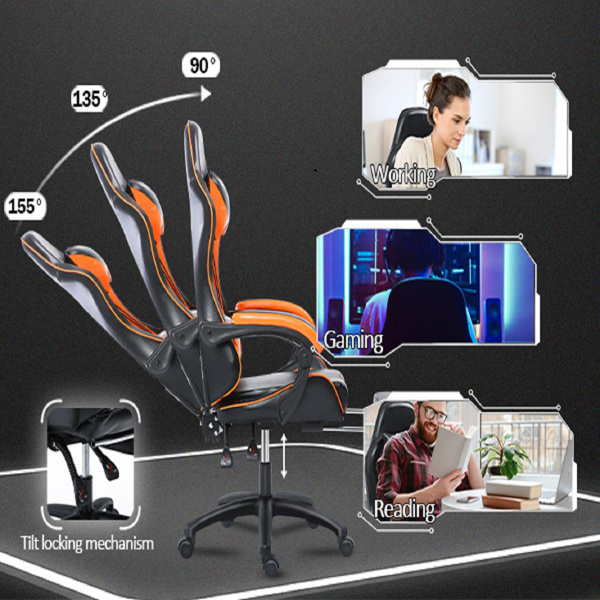 电竞椅，成人电子游戏椅，符合人体工程学，PU皮革，带脚凳和腰部支撑的躺椅办公椅，适合重型人群的舒适电脑椅，橙色-13