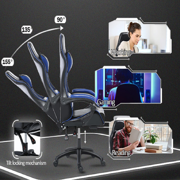 电竞椅，成人电子游戏椅，符合人体工程学，PU皮革，带脚凳和腰部支撑的躺椅办公椅，适合重型人群的舒适电脑椅，蓝色-13