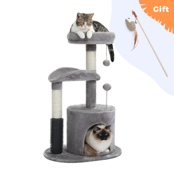 适合室内猫的小型猫树，带互动猫玩具的中型猫塔，带自理美容刷的 32.7 英寸猫公寓，天然猫抓板，适合中小型猫的悬挂球，米色