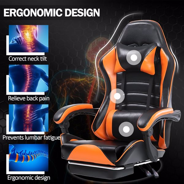 电竞椅，成人电子游戏椅，符合人体工程学，PU皮革，带脚凳和腰部支撑的躺椅办公椅，适合重型人群的舒适电脑椅，橙色-6