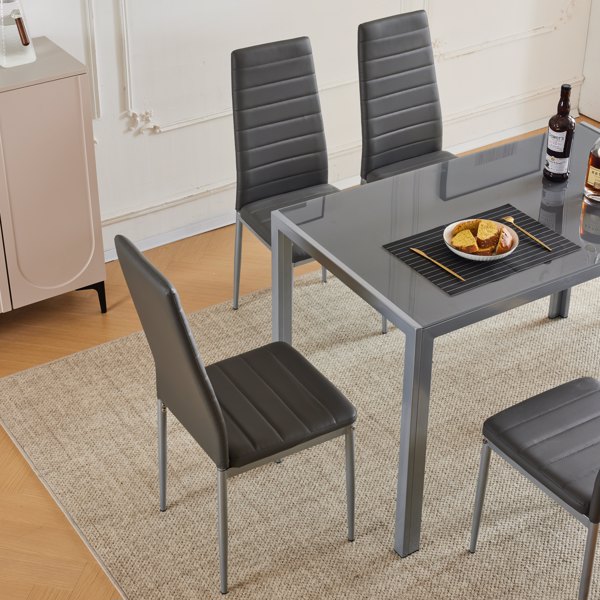 120cm长方形桌腿框架一体餐桌+4pcs高靠背横线缝纫装饰餐椅，现代4人座餐桌椅套装-14