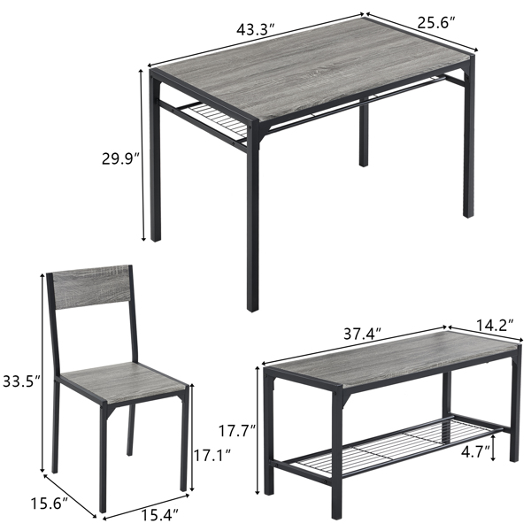 拆装 MDF 黑色铁管 灰色 餐桌椅套装 1桌1长凳2椅 长方形-3