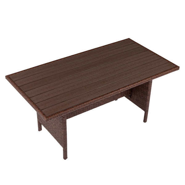  塑木桌八件套 棕色木纹藤 米黄色座垫 -5