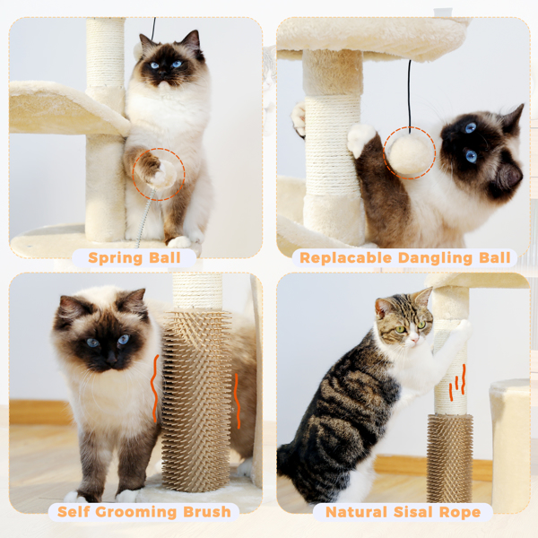 适合室内猫的小型猫树，带互动猫玩具的中型猫塔，带自理美容刷的 32.7 英寸猫公寓，天然猫抓板，适合中小型猫的悬挂球，米色-7