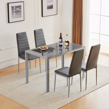 120cm长方形桌腿框架一体餐桌+4pcs高靠背横线缝纫装饰餐椅，现代4人座餐桌椅套装