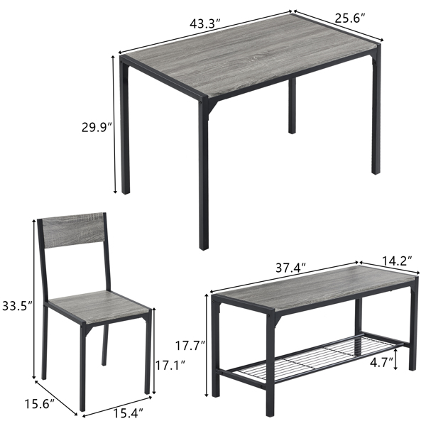 拆装 MDF 黑色铁管 灰色 餐桌椅套装 1桌1长凳2椅 长方形-4
