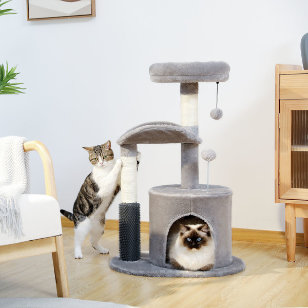 适合室内猫的小型猫树，带互动猫玩具的中型猫塔，带自理美容刷的 32.7 英寸猫公寓，天然猫抓板，适合中小型猫的悬挂球，米色-2