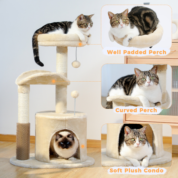 适合室内猫的小型猫树，带互动猫玩具的中型猫塔，带自理美容刷的 32.7 英寸猫公寓，天然猫抓板，适合中小型猫的悬挂球，米色-5