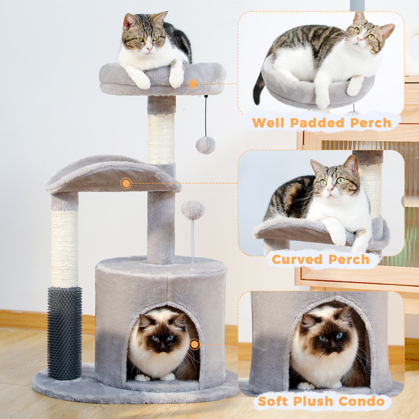适合室内猫的小型猫树，带互动猫玩具的中型猫塔，带自理美容刷的 32.7 英寸猫公寓，天然猫抓板，适合中小型猫的悬挂球，米色-5