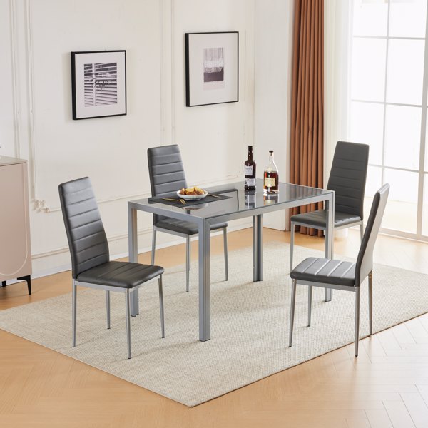 120cm长方形桌腿框架一体餐桌+4pcs高靠背横线缝纫装饰餐椅，现代4人座餐桌椅套装-2