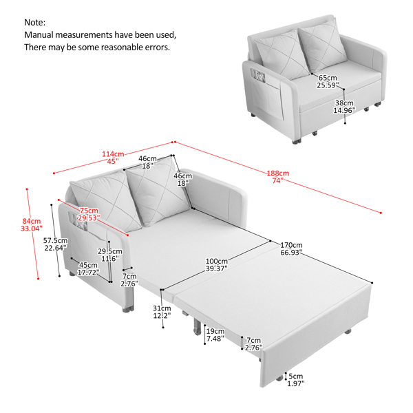 现代2合1沙发床，拉出沙发床，带2个枕头和2个侧面口袋，适用于任何小空间，客厅 卧室-9