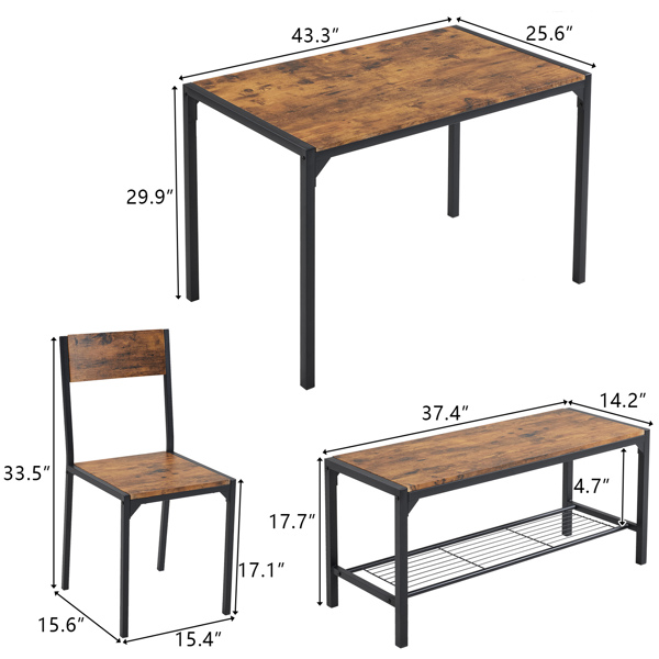 拆装 MDF 黑色铁管 火烧木 餐桌椅套装 1桌1长凳2椅 长方形-4