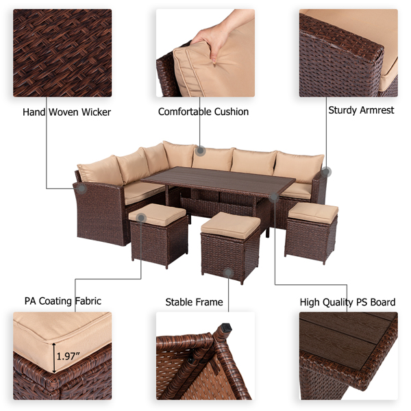  塑木桌八件套 棕色木纹藤 米黄色座垫 -15