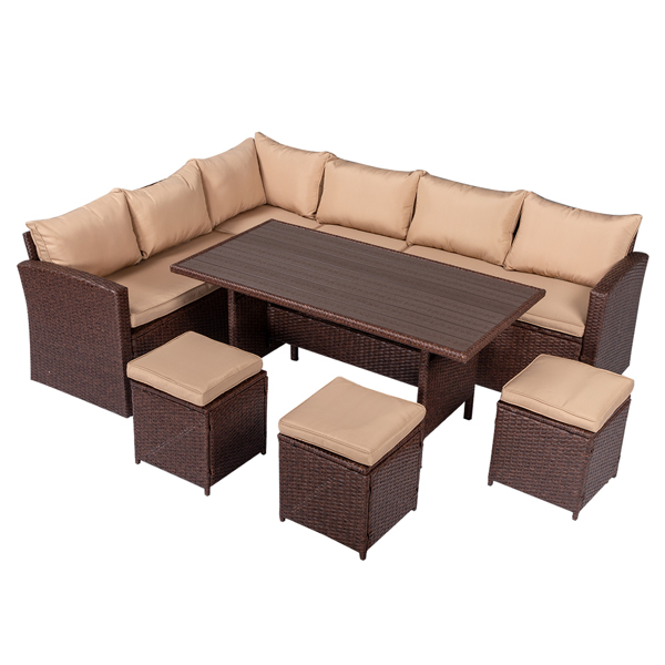  塑木桌八件套 棕色木纹藤 米黄色座垫 -7