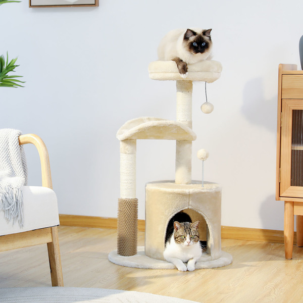 适合室内猫的小型猫树，带互动猫玩具的中型猫塔，带自理美容刷的 32.7 英寸猫公寓，天然猫抓板，适合中小型猫的悬挂球，米色-2