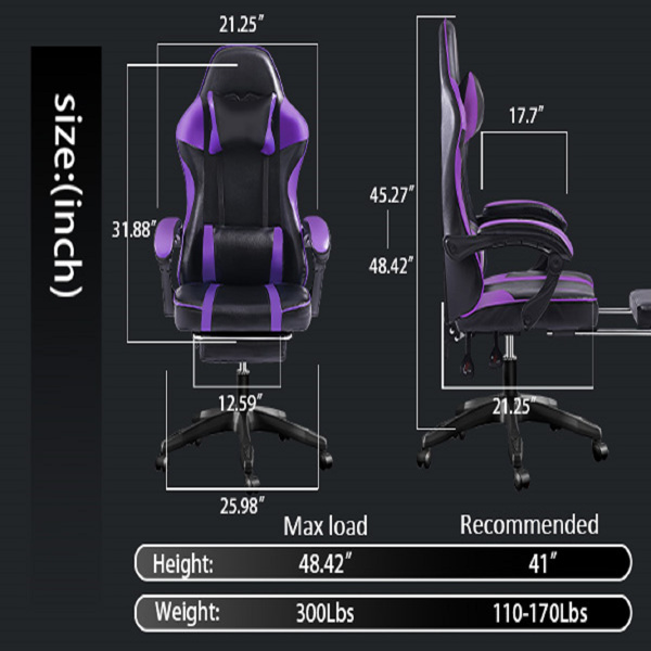 成人用人体工学游戏椅（400磅大高个），适合体重较重人士使用的舒适电脑椅，可调节腰靠背办公椅（带脚踏板），电子游戏椅-10
