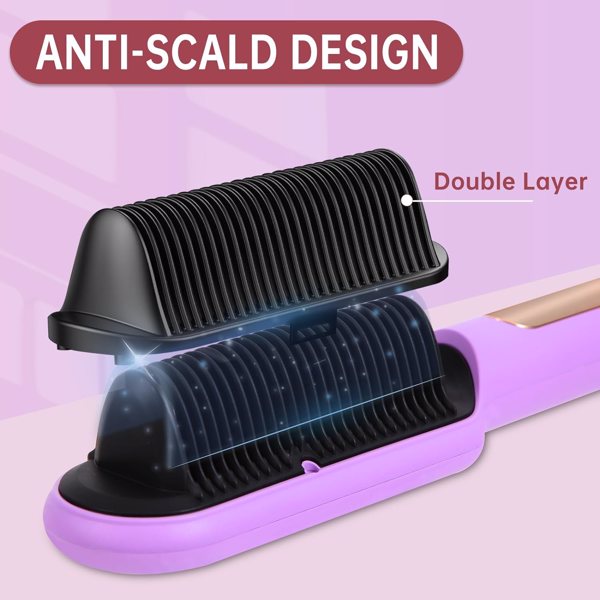 三部负离子直发梳 Negative Ionic Hair Straightener Brush with 9 Temp Settings, 30s Fast Heating, Hair Straightening Comb with LED Display, Anti-Scald & Auto-Shut Off Hair Straightening Iron (Purple)-4