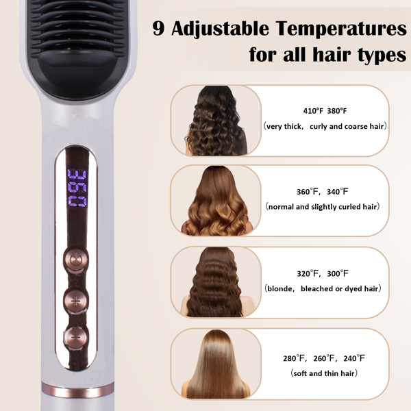 三部负离子直发梳 Negative Ionic Hair Straightener Brush with 9 Temp Settings, 30s Fast Heating, Hair Straightening Comb with LED Display, Anti-Scald & Auto-Shut Off Hair Straightening Iron (White)-9
