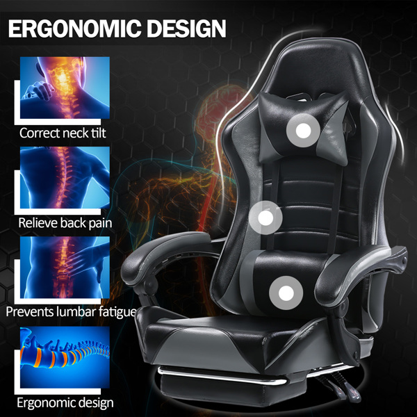 电竞椅，成人电子游戏椅，符合人体工程学，PU皮革，带脚凳和腰部支撑的躺椅办公椅，适合重型人群的舒适电脑椅，灰色-9