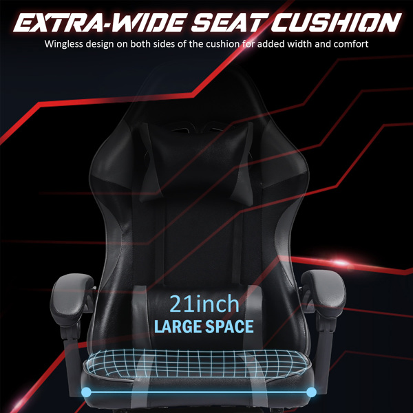 成人电子游戏椅，带脚凳的PU皮革游戏椅，360°旋转可调节腰枕游戏椅，适合重型人群的舒适电脑椅，灰色-7