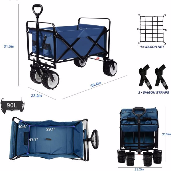 可折叠重型沙滩车户外折叠实用野营花园沙滩车万能轮可调手柄购物(蓝色)-4