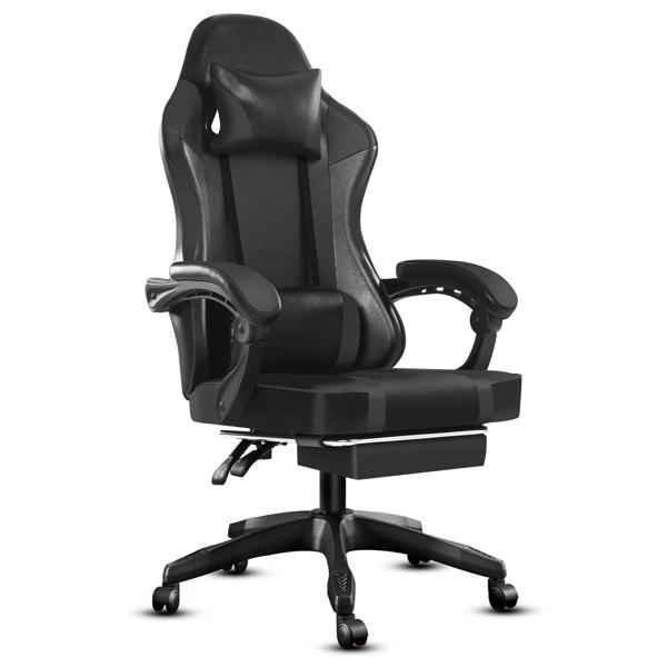 成人电子游戏椅，带脚凳的PU皮革游戏椅，360°旋转可调节腰枕游戏椅，适合重型人群的舒适电脑椅，黑色-1