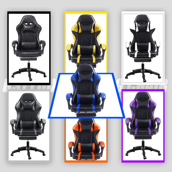成人电子游戏椅，带脚凳的PU皮革游戏椅，360°旋转可调节腰枕游戏椅，适合重型人群的舒适电脑椅，白色-8