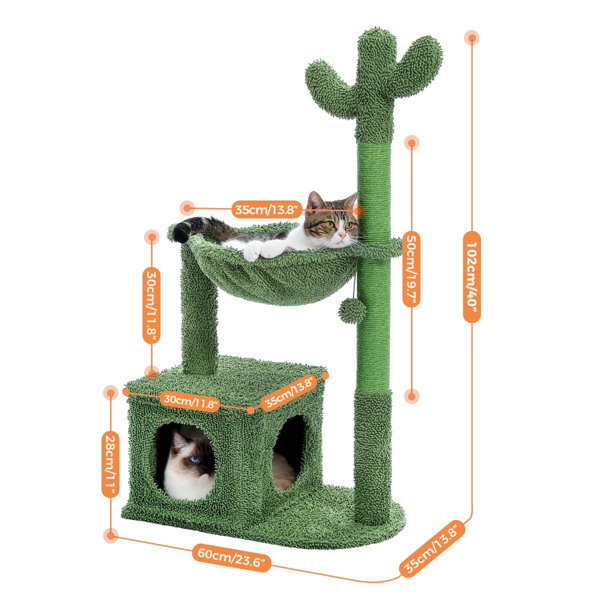 仙人掌猫树 40 英寸猫塔，带大型金属地毯吊床，室内猫猫抓柱，带公寓和悬挂球，绿色-5