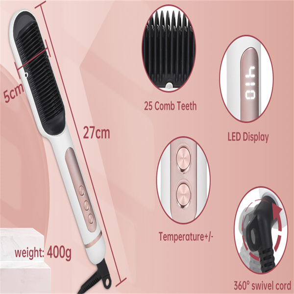 三部负离子直发梳 Negative Ionic Hair Straightener Brush with 9 Temp Settings, 30s Fast Heating, Hair Straightening Comb with LED Display, Anti-Scald & Auto-Shut Off Hair Straightening Iron (White)-6