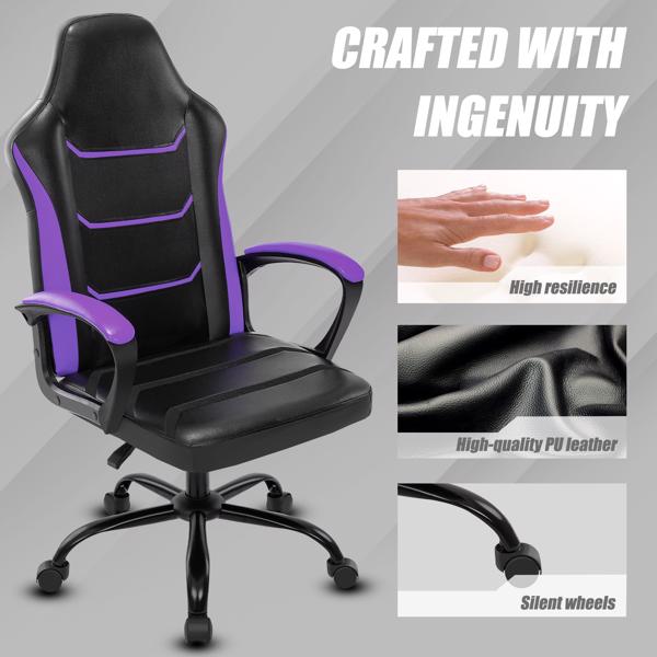 电子游戏电脑椅，带扶手办公椅，可调节高度旋转式 PU 皮革大班椅，带轮子，适合成人 女性 男性，紫色-5