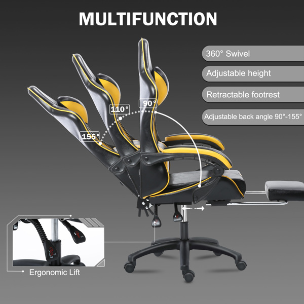 电竞椅，成人电子游戏椅，符合人体工程学，PU皮革，带脚凳和腰部支撑的躺椅办公椅，适合重型人群的舒适电脑椅，黄色-3