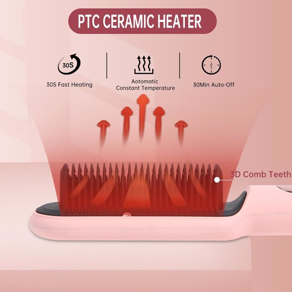 三部负离子直发梳 Negative Ionic Hair Straightener Brush with 9 Temp Settings, 30s Fast Heating, Hair Straightening Comb with LED Display, Anti-Scald & Auto-Shut Off Hair Straightening Iron (Pink)-5