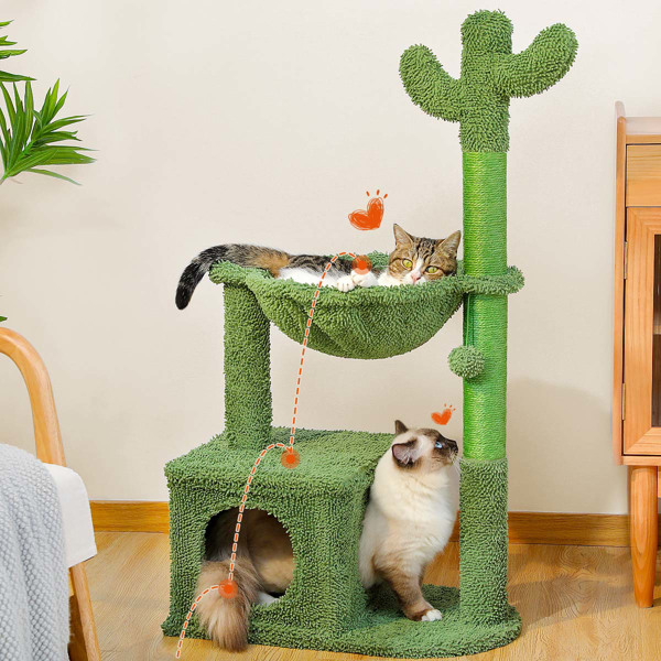 仙人掌猫树 40 英寸猫塔，带大型金属地毯吊床，室内猫猫抓柱，带公寓和悬挂球，绿色-4