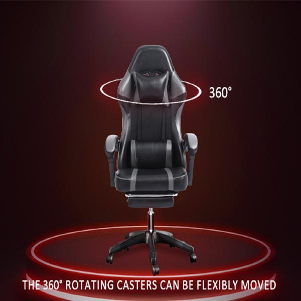 成人电子游戏椅，带脚凳的PU皮革游戏椅，360°旋转可调节腰枕游戏椅，适合重型人群的舒适电脑椅，灰色-10