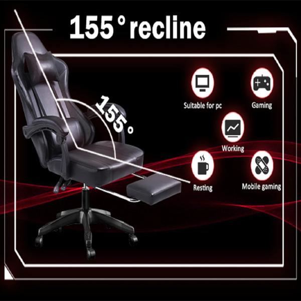 成人电子游戏椅，带脚凳的PU皮革游戏椅，360°旋转可调节腰枕游戏椅，适合重型人群的舒适电脑椅，黑色-12