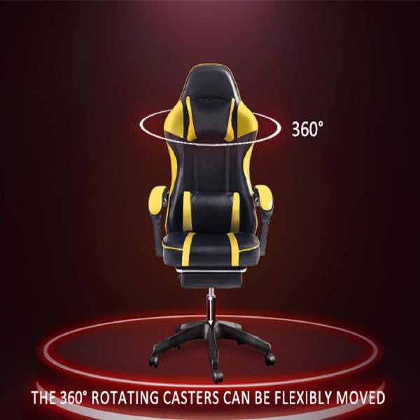 成人电子游戏椅，带脚凳的PU皮革游戏椅，360°旋转可调节腰枕游戏椅，适合重型人群的舒适电脑椅，黄色-15
