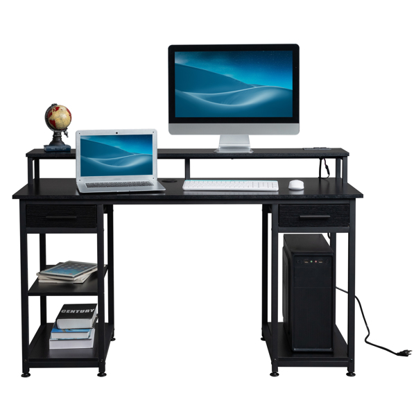  黑色木纹 刨花板 带无纺布抽 140*50*86cm 多层架 电脑桌 带电插座2个USB 2个电源接口 N001-8
