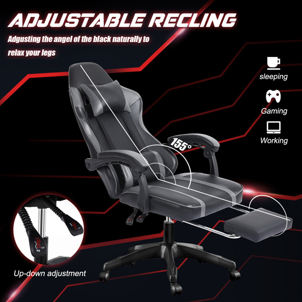 成人电子游戏椅，带脚凳的PU皮革游戏椅，360°旋转可调节腰枕游戏椅，适合重型人群的舒适电脑椅，灰色-3