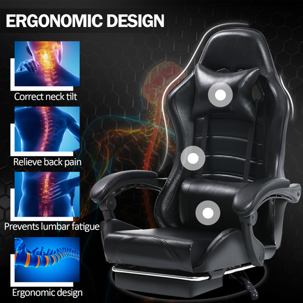 电竞椅，成人电子游戏椅，符合人体工程学，PU皮革，带脚凳和腰部支撑的躺椅办公椅，适合重型人群的舒适电脑椅，黑色-9