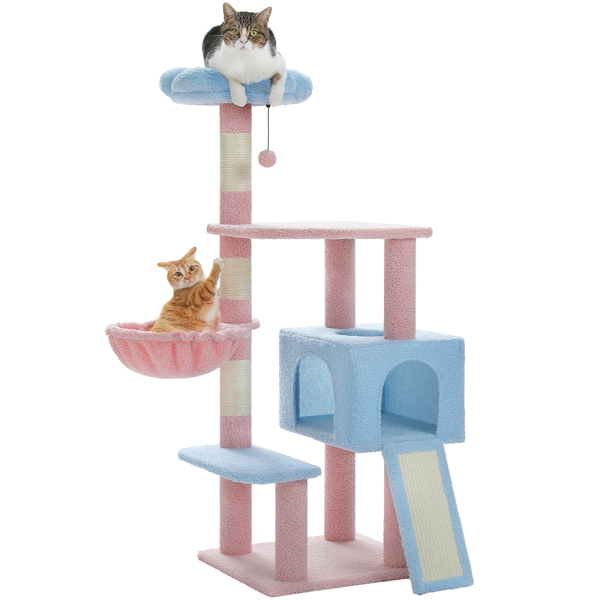花猫树 47.2 英寸多层猫塔，带剑麻覆盖的抓痒柱，可爱的猫公寓，适合室内中小型猫，粉色顶栖，坡道，蓬松球，蓝色-2