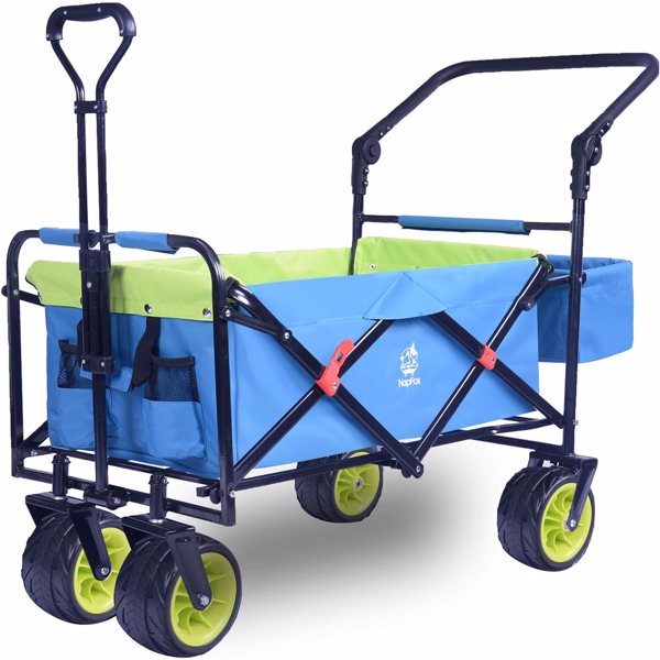 可折叠重型沙滩车户外折叠实用野营花园推车沙滩车万能轮可调手柄购物刹车制动器(蓝绿色) -1