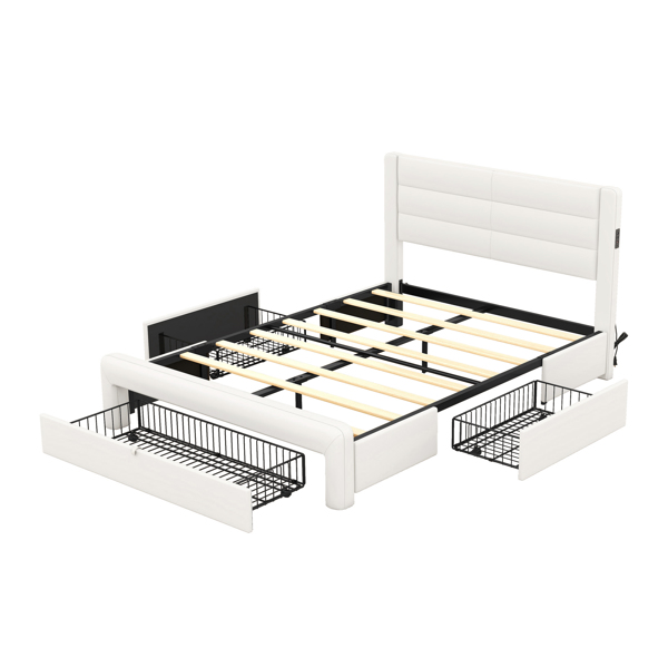 大号床架带抽屉储物空间，皮革软垫平台床带充电站-白色-11