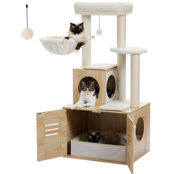 带猫砂盒外壳的猫树，50 英寸现代猫树，适合大型/肥猫，带猫公寓，带大吊床和顶部栖息处的木制猫家具，免费猫砂盒，米色-3