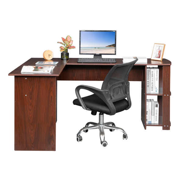 L型木质电脑办公桌带2层置物层-深棕色 【DC】-34
