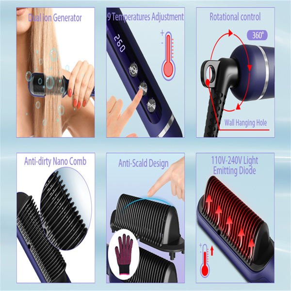 三部负离子直发梳 Advanced Negative Ionic Hair Straightener Brush with 9 Temp Settings LED Display Effortless Styling for Silky Smooth, Frizz-Free Hair-6