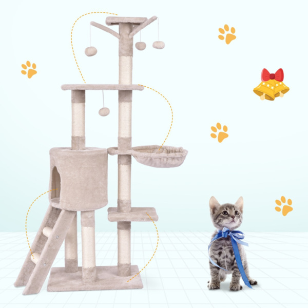 米色猫爬架、猫树、带吊床和房间的猫塔-7