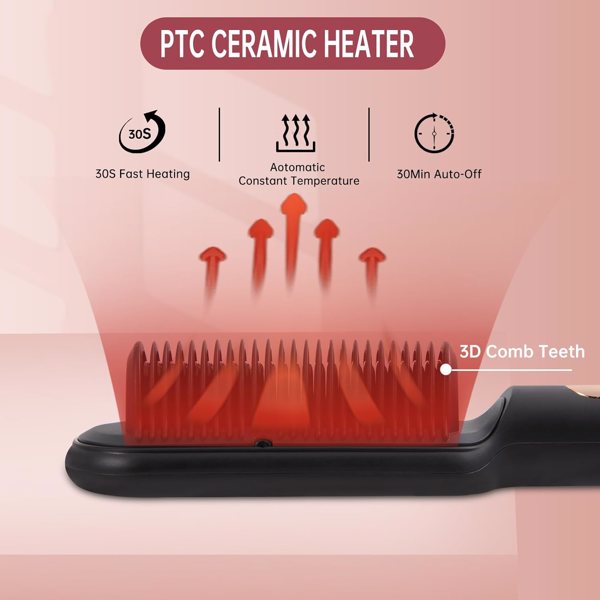 三部负离子直发梳 Negative Ionic Hair Straightener Brush with 9 Temp Settings, 30s Fast Heating, Hair Straightening Comb with LED Display, Anti-Scald & Auto-Shut Off Hair Straightening Iron (Black)-5