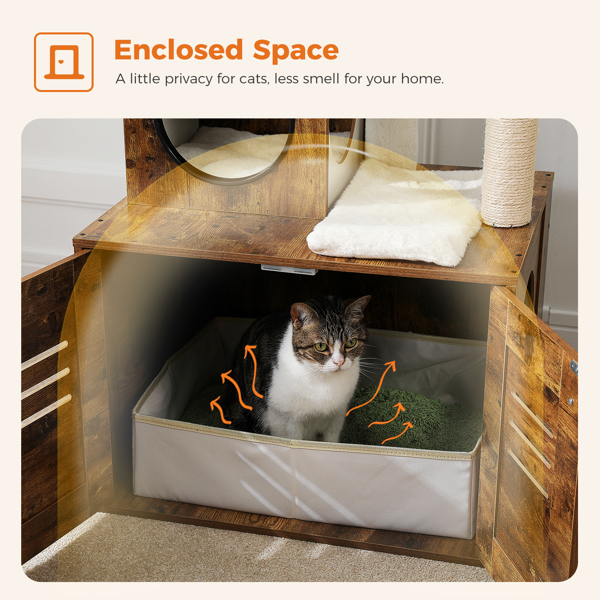 带猫砂盒外壳的猫树，50 英寸现代猫树，适合大型/肥猫，带猫公寓，带大吊床和顶部栖息处的木制猫家具，免费猫砂盒，棕色-8