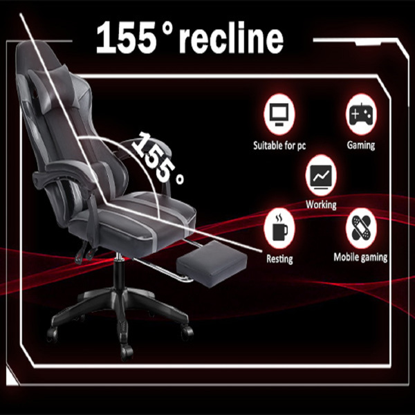 成人电子游戏椅，带脚凳的PU皮革游戏椅，360°旋转可调节腰枕游戏椅，适合重型人群的舒适电脑椅，灰色-14